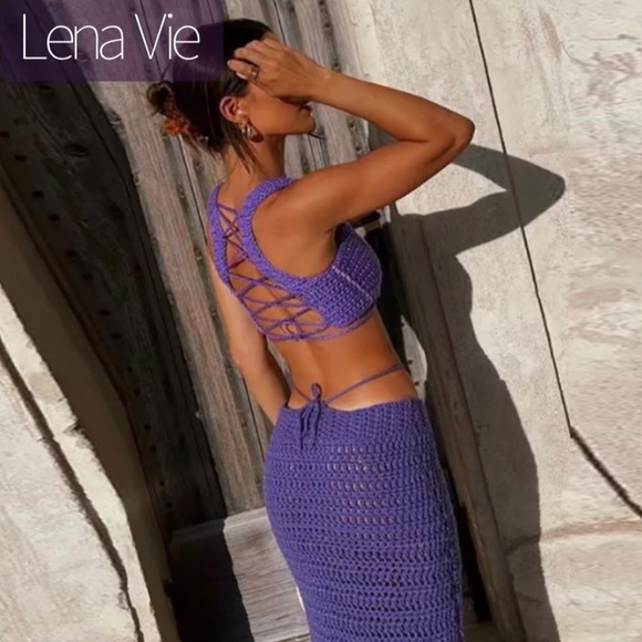 Cosmo Knitted Maxi Skirt+Top Beachwear Set, Summer Skirt Set In Purple - Picture 4 of 10